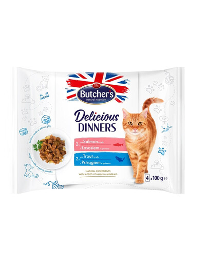 BUTCHER'S Delicious Dinners gabaliņi želejā pieaugušiem kaķiem 32x100g ar lasi, ar foreli