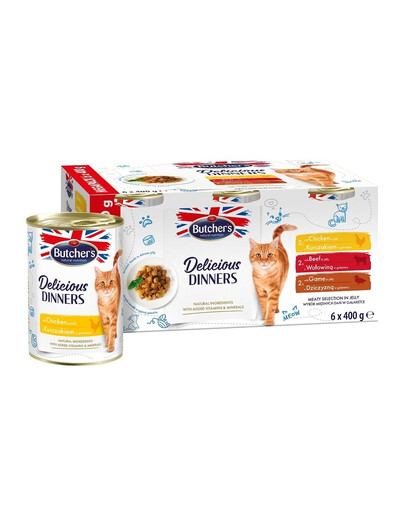 BUTCHER'S Delicious Dinners Cat Meaty selection in Jelly 12x400g gabaliņi želejā ar vistas, liellopu un brieža gaļu kaķiem