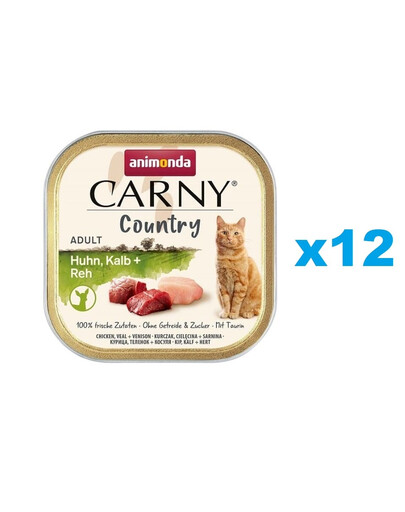 ANIMONDA Carny Country Adult Chicken, Veal, Vension 12x100 g vistas, teļa un cūkgaļas gaļa pieaugušiem kaķiem