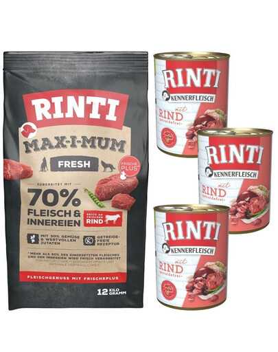 RINTI MAX-I-MUM Beef ar liellopu gaļu 12 kg + Kennerfleisch Beef beef liellopa liellopu gaļas barība 3x400 g