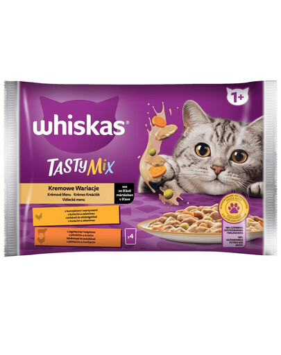 WHISKAS Tasty Mix Krēmveida variācijas ar vistas, jēra un tītara gaļu mērcē 4x85g