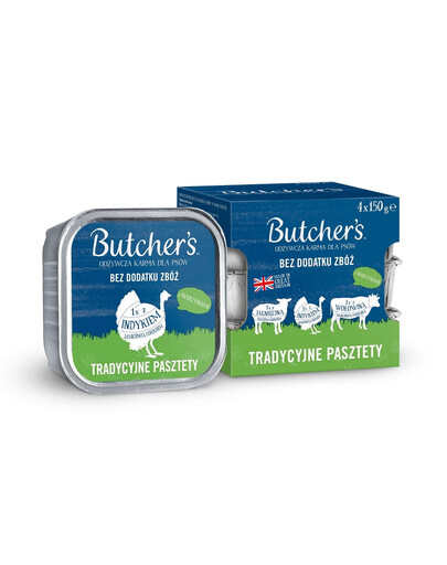 BUTCHER'S Original Tradicionālā pastēte ar dārzeņiem 4x150 g pastēte ar jēra, tītara un liellopa gaļu suņiem