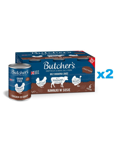 BUTCHER'S Original Recipe in gravy Mixed flavours with vegetables 12x400 g gabaliņi mērcē ar liellopu gaļu, tītaru un vistas gaļu suņiem