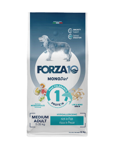 FORZA10 Medium Diet ar zivīm hipoalerģiska sausā barība pieaugušiem vidēji lielu šķirņu suņiem 12 kg