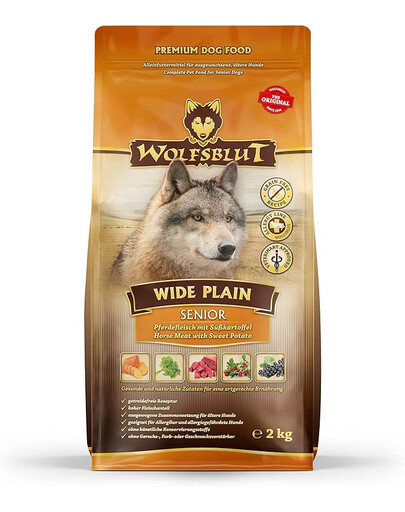 WOLFSBLUT Wide Plain Senior sausā barība vecākiem suņiem ar alerģijām ar zirga gaļu un saldajiem kartupeļiem 12,5 kg