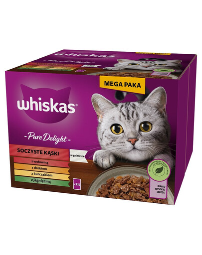 WHISKAS Adult Pure Delight Juicy Jellied Bites 24x85 g gabaliņi ar liellopa, vistas, jēra, mājputnu gaļu pieaugušiem kaķiem