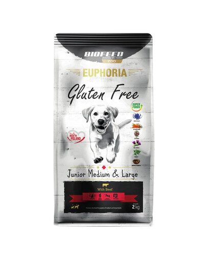 BIOFEED EUPHORIA Gluten Free ar liellopu gaļu vidēju un lielu šķirņu kucēniem 12 kg