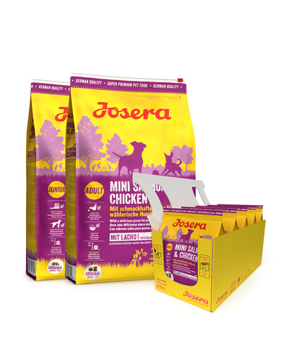 JOSERA Mini Salmon and Chicken 2 x 10kg pieaugušiem maziem suņiem + 5 x 900g BEZMAKSAS