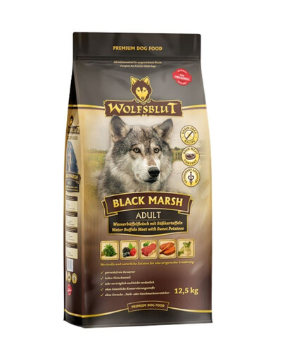 WOLFSBLUT Black Marsh Adult sausā suņu barība ar ūdens bifeļu gaļu un saldajiem kartupeļiem 12,5 kg