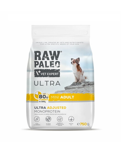 RAW PALEO Ultra Turkey Mini Adult 750g mazo šķirņu pieaugušiem suņiem tītars