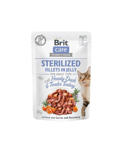 BRIT Care Fillets in Jelly Sterilized Duck&Turkey 85 g mitrā barība kaķiem pēc sterilizācijas