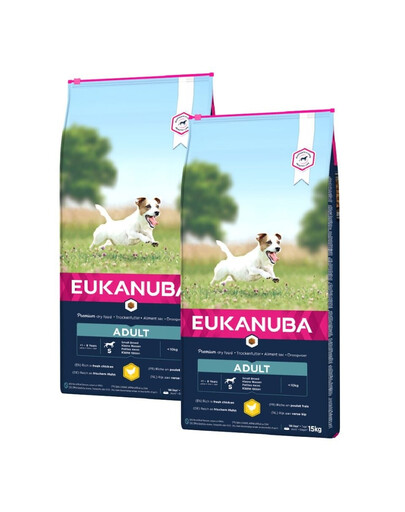 EUKANUBA Aktīva pieaugušo mazo šķirņu suņu barība, bagātināta ar svaigu vistas gaļu 30kg (2 x 15kg)
