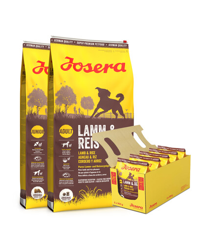 JOSERA Lamm&Reis 2 x 12,5kg pieaugušiem suņiem ar jēra gaļu + 5 x 900g BEZMAKSAS