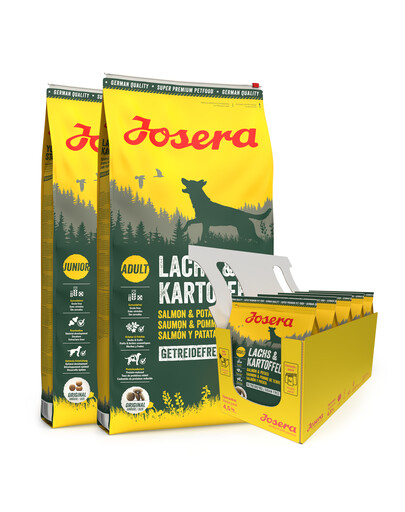 JOSERA Lachs&Kartoffel 2 x 12,5kg pieaugušiem suņiem ar lasi un kartupeļiem + 5 x 900g BEZMAKSAS