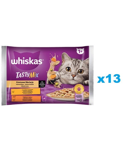 WHISKAS Adult paciņa 52x85g Krēms Variācijas mitrā kaķu barība mērcē ar: vistas gaļu un dārzeņiem, jēra gaļu un tītaru gaļu