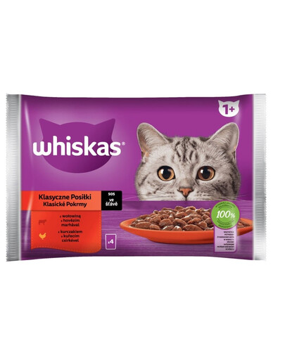 WHISKAS Adult paciņa 52x85g Classic Meals mitrā barība pieaugušiem kaķiem mērcē ar: liellopu gaļu, vistas gaļu, vistas gaļu