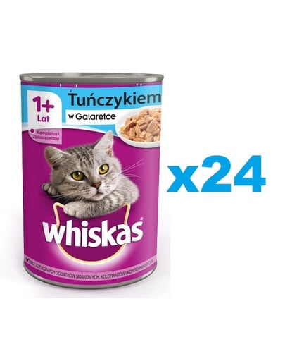 WHISKAS Adult konservu kārba 24x400 g - mitra pilnvērtīga barība pieaugušiem kaķiem, gabaliņi ar tunci želejā