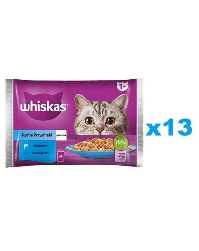 WHISKAS Adult paciņa 52x85g Fish Treats mitrā barība pieaugušiem kaķiem želejā ar: ar laša, tunci, lasi