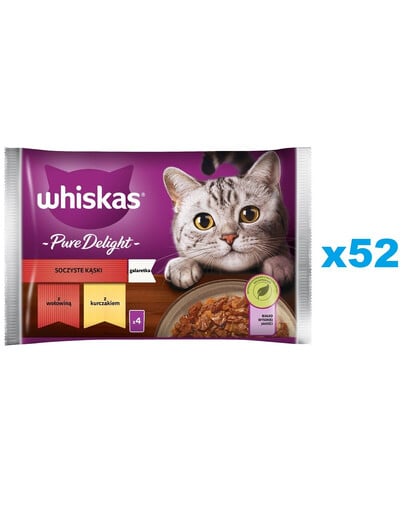 WHISKAS Adult paciņa 52x85g Juicy Bites mitrā kaķu barība ar liellopu gaļu, vistas gaļu un vistas gaļu