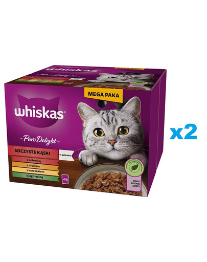 WHISKAS Adult Pure Delight sulīgi želejveida kodumi 48x85 g gabaliņi ar liellopu gaļu, vistas gaļu, jēra gaļu, mājputnu gaļu pieaugušiem kaķiem