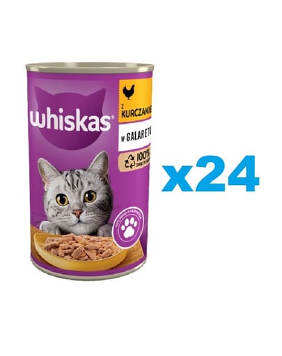 WHISKAS Adult konservu kārba 24x400 g - pilnvērtīga mitrā barība pieaugušiem kaķiem, gabaliņi ar vistas gaļu želejā