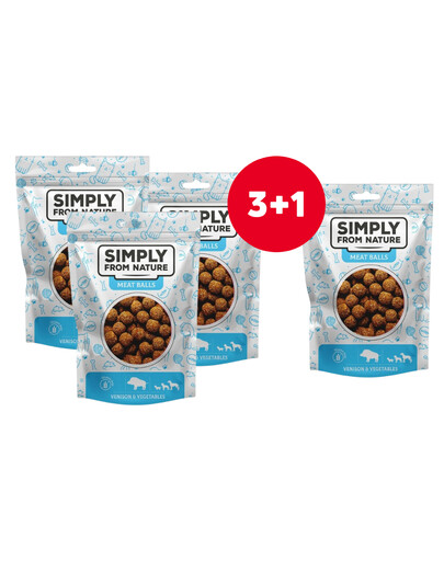 SIMPLY FROM NATURE Gaļas bumbiņas ar brieža gaļu un dārzeņiem suņiem 4 x 80 g (3+1 BEZ MAKSAS)