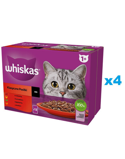 WHISKAS pieaugušo kaķu barība 48x85g Classic Meals ar liellopu gaļu, vistas gaļu, jēra gaļu un mājputnu gaļu mērces gabaliņos