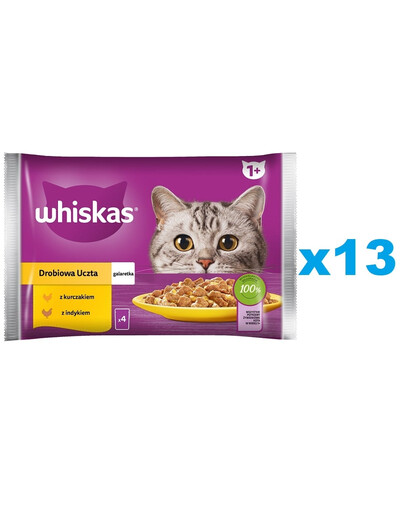 WHISKAS pieaugušo kaķu barība 52x85 g Poultry Feast mitrā kaķu barība želejā ar: vistas gaļu, tītara gaļu, tītara gaļu