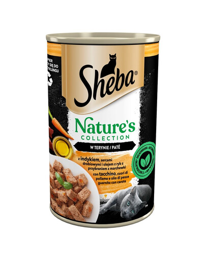 SHEBA bundža 12x400 g Nature's Collection mitrā pilnvērtīga barība pieaugušiem kaķiem ar tītaru, mājputnu sirdīm un zivju eļļu, ar burkāniem terīnā