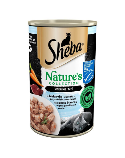 SHEBA 400 g Nature's Collection balto zivju un aknu ar burkānu garnējumu terīnā kārba