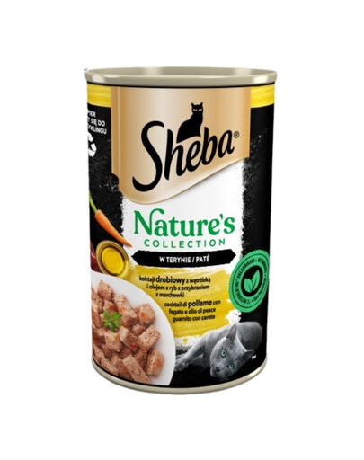 SHEBA puszka 12x400 g Nature's Collection mokra pełnoporcjowa karma dla dorosłych kotów koktajl drobiowy z wątróbką i olejem z ryb z przybraniem z marchewki w terynie