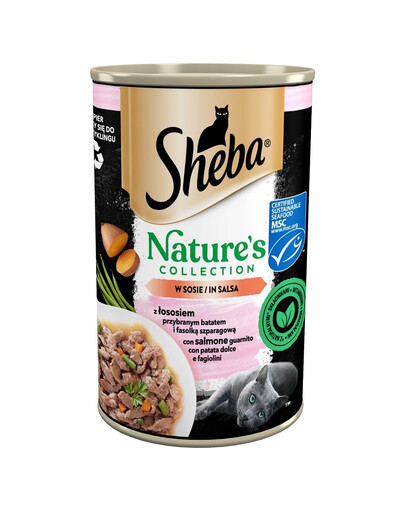 SHEBA puszka 12x400 g Nature's Collection mitrā pilnvērtīga barība pieaugušiem kaķiem ar lasi, batātu un zaļajām pupiņām mērcē