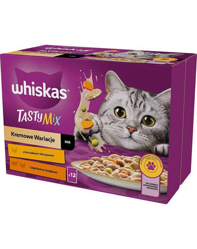 WHISKAS Tasty Mix Krēmveida variācijas ar vistas, jēra un tītara gaļu mērcē 12x85g