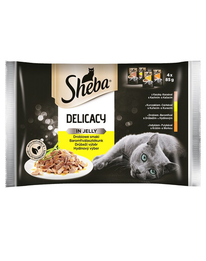 SHEBA Delicacy Fine Flakes Drobiowe Smaki saszetki 52x85 g mokra karma pełnoporcjowa dla dorosłych kotów w galaretce kawałki z: kaczką, kurczakiem, drobiem, indykiem