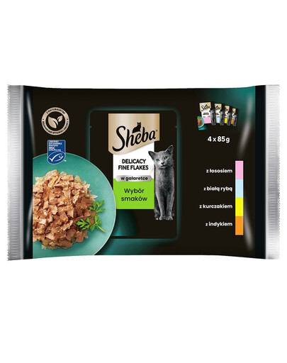 SHEBA Delicacy Fine Flakes Wybór Smaków saszetki 52x85 g mokra karma pełnoporcjowa dla dorosłych kotów w galaretce kawałki z: łososiem, białą rybą, kurczakiem, indykiem