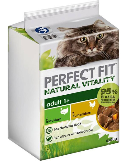 PERFECT FIT Natural Vitality Adult 1+ Poultry 6x50g paciņas ar tītaru un vistas gaļu mērcē kaķiem