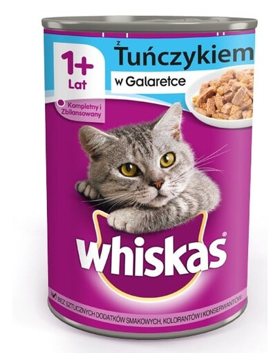 WHISKAS Adult konservu kārba 12x400 g - pilnvērtīga mitrā barība pieaugušiem kaķiem, gabaliņi ar tunci želejā