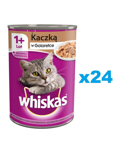 WHISKAS Adult konservu kārba 24x400 g - mitra pilnvērtīga barība pieaugušiem kaķiem, gabaliņi ar pīli želejā