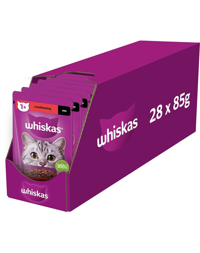 WHISKAS Adult maisiņš 28x85g mitrā barība pieaugušiem kaķiem mērcē ar liellopu gaļu