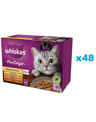 WHISKAS Pieaugušo kaķu barība 48x85g Poultry Fricasse ar vistas, tītara, mājputnu, pīles un tītara gaļu želejā.