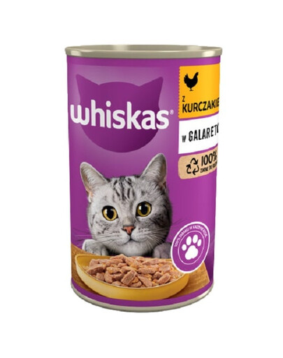 WHISKAS Adult konservu kārba 12x400 g - pilnvērtīga mitrā barība pieaugušiem kaķiem, gabaliņi ar vistas gaļu želejā