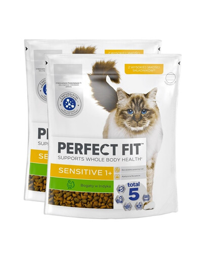 PERFECT FIT (Sensitive 1+) 2x750 g Barība bagāta ar tītaru - sausā barība kaķiem ar jutīgu gremošanas sistēmu