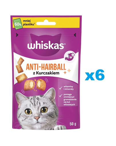 WHISKAS Anti-Hairball 6x50 g atkailināšanas našķi pieaugušiem kaķiem
