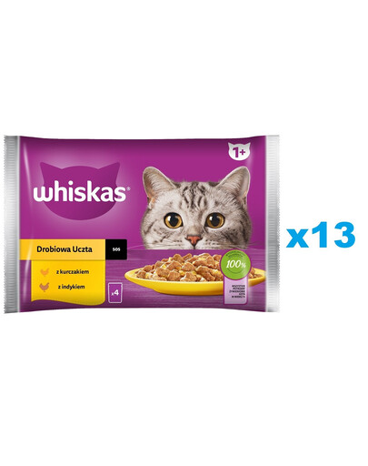 WHISKAS Adult saszetka 52x85 g Drobiowa Uczta mokra karma dla dorosłych kotów w sosie z: kurczakiem, indykiem