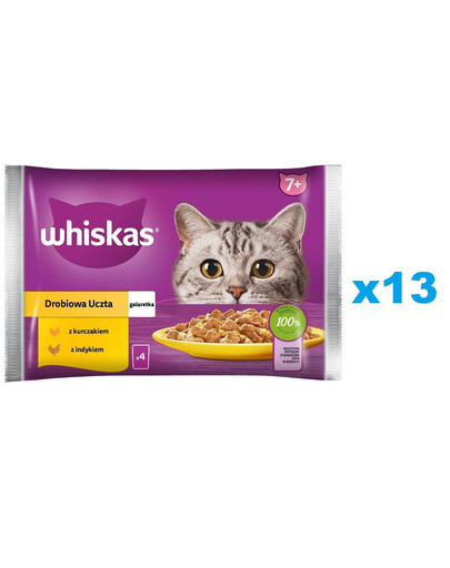 WHISKAS Senior paciņa 52x85g Putnu barība želejā vecākiem kaķiem ar: vistas gaļu, tītara gaļu