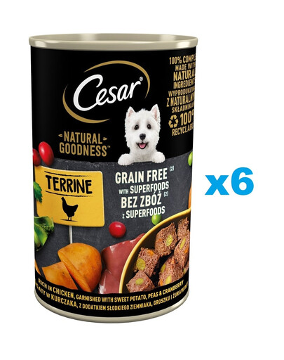 CESAR Natural Goodness in Terrine 6x400g sātīga vistas gaļa ar saldajiem kartupeļiem, zirņiem un dzērvenēm