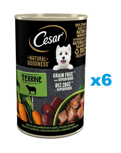 CESAR Natural Goodness in Terrine 6x400 g ar bagātīgu jēra gaļas piedevu, pievienoti burkāni, kartupeļi un spināti