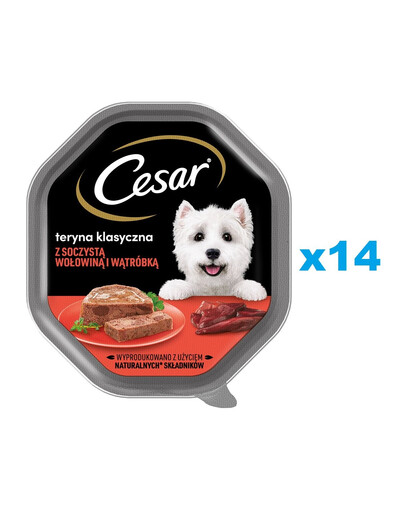 CESAR paplāte 14x150 g mitra pilnvērtīga barība pieaugušiem suņiem ar sulīgu liellopu gaļu un aknām