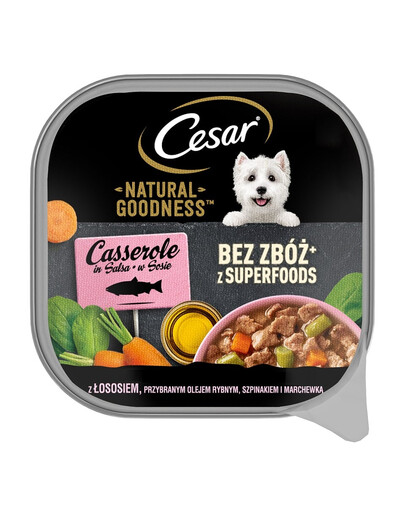 CESAR Natural Goodness mērces paplāte 100 g ar zivju eļļu bagātinātu lasi, spinātiem un burkāniem