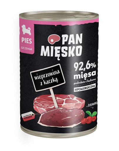 PAN MIĘSKO Cūkgaļas un pīles mitrā barība kucēniem 400 g